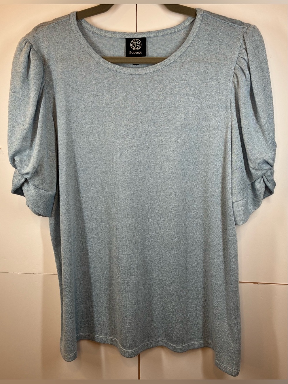 Bobeau Women's Large Heather Blue Puff Sleeve Knit Top Ruched Sleeve
